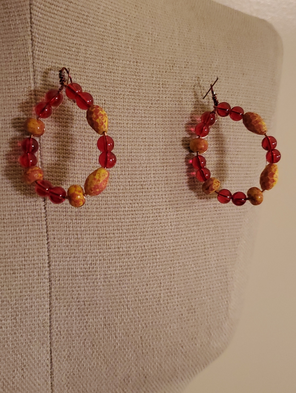 Handcrafted Red and Yellow Bead Hoop Earrings
